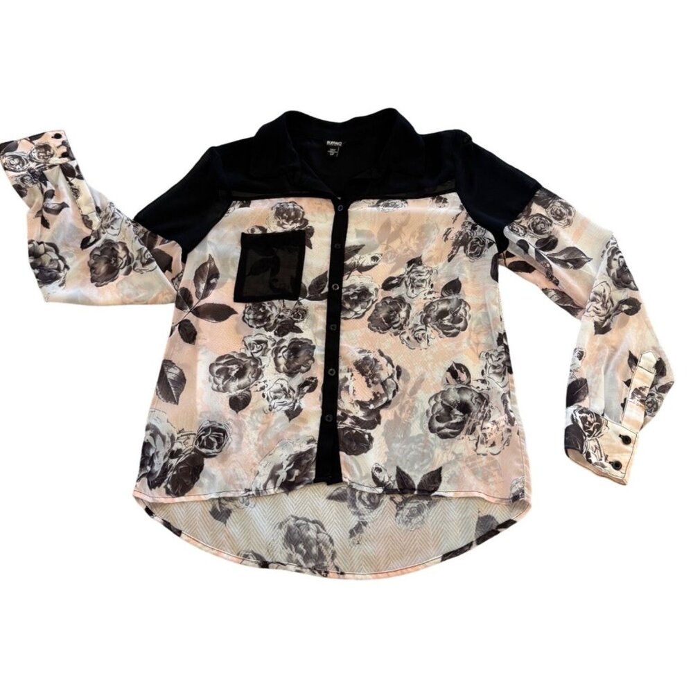 Buffalo David Bitton Sheer Floral Button-Up Blouse S Pink/Black Long Sleeve